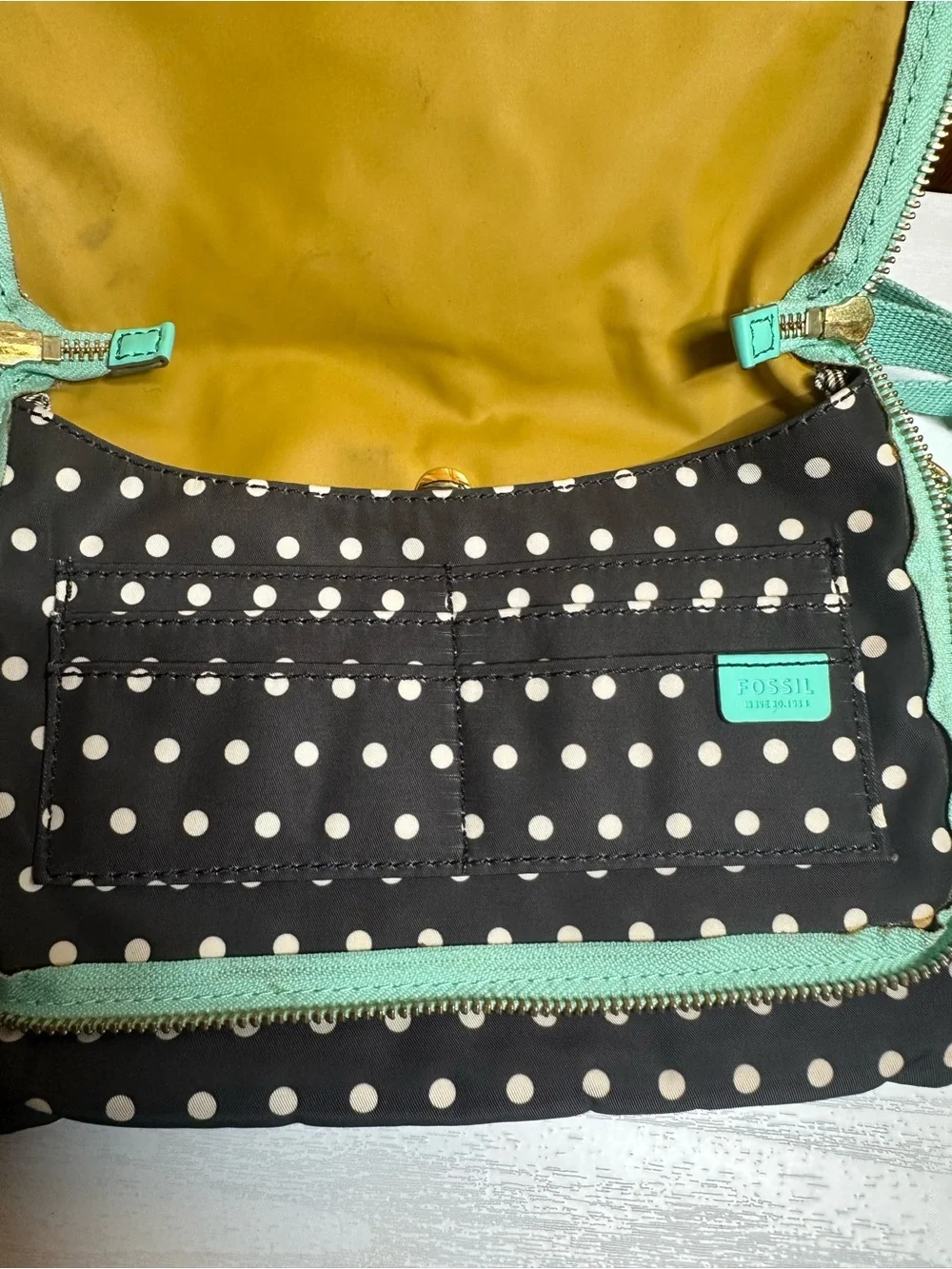 Fossil Black and Mint Polka Dot Crossbody Bag